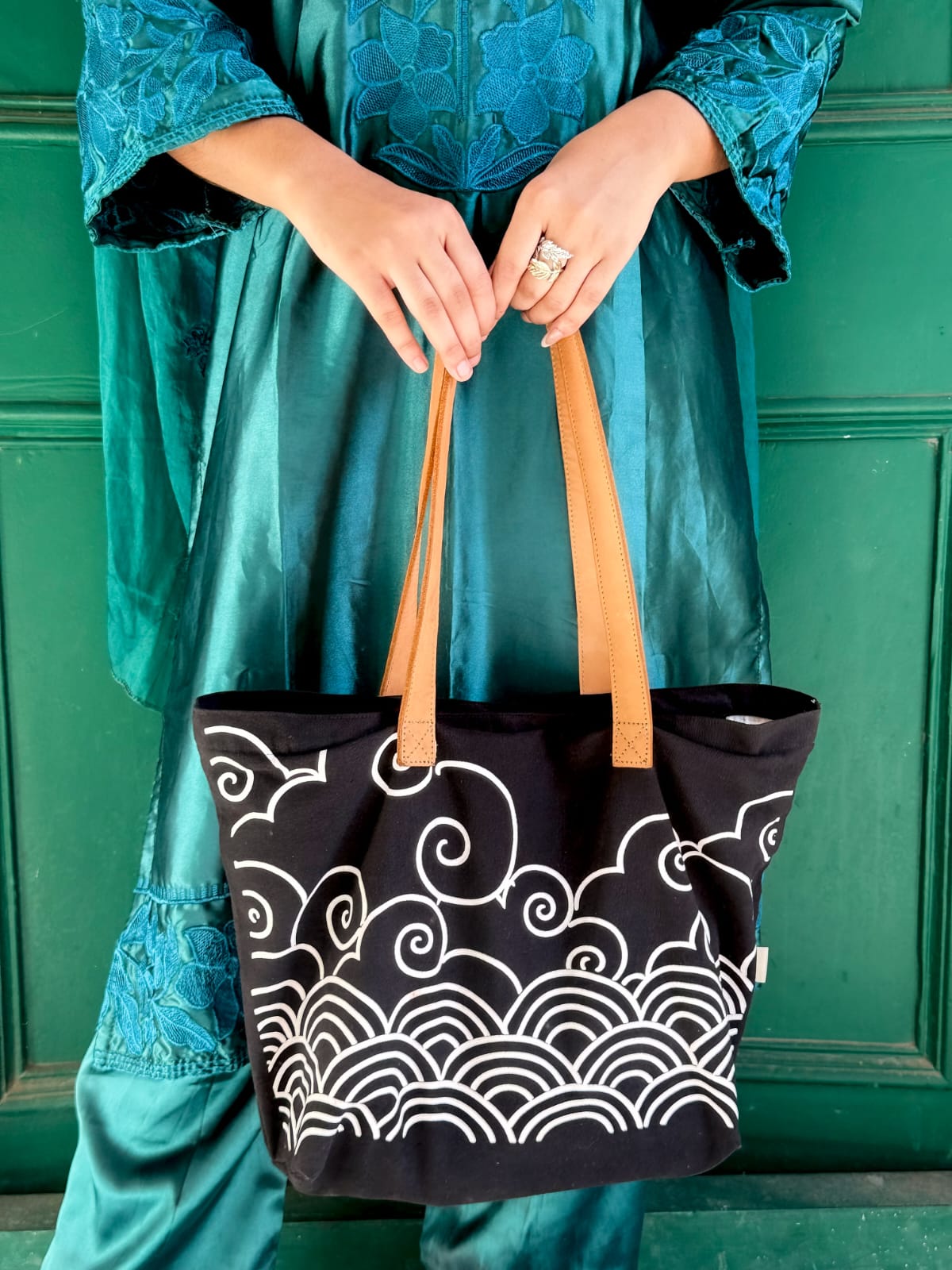 Kumo — Japanese Wave Print Tote Bag with Leather Handles