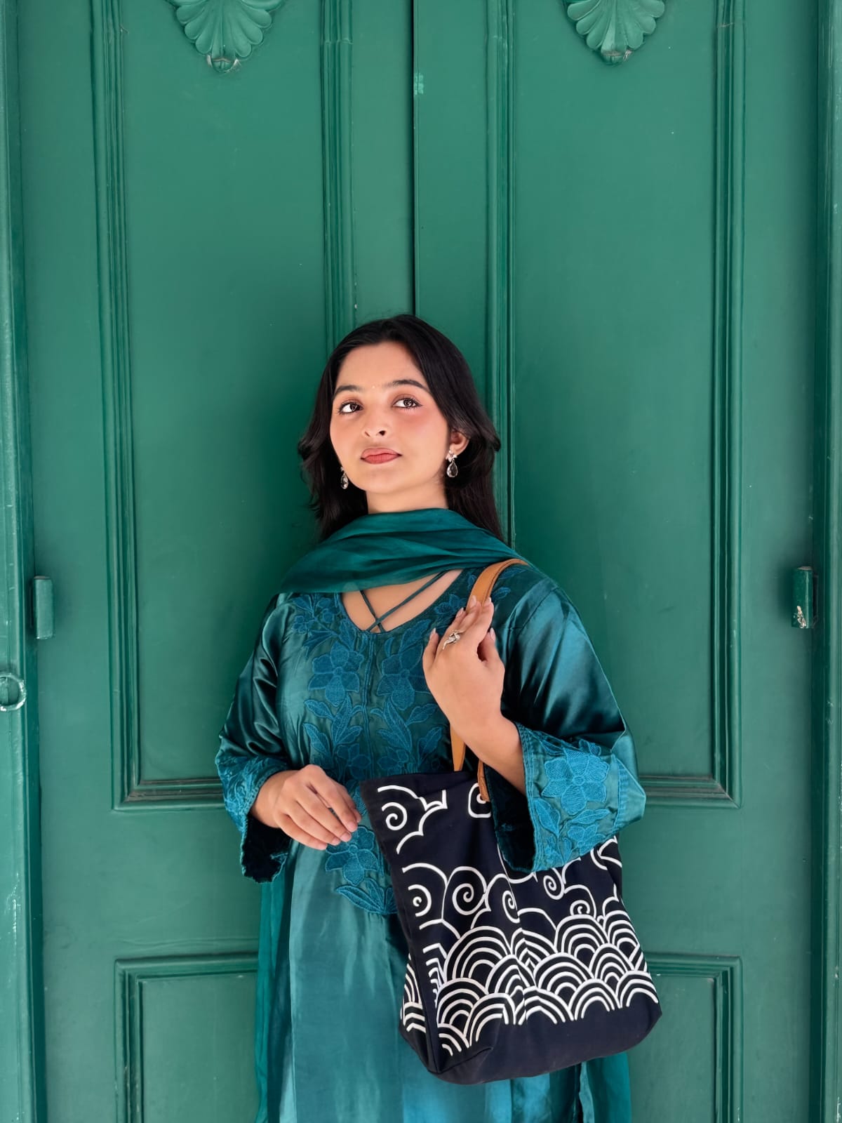 Kumo — Japanese Wave Print Tote Bag with Leather Handles