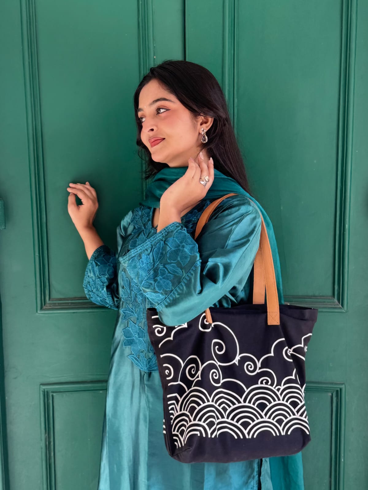 Kumo — Japanese Wave Print Tote Bag with Leather Handles