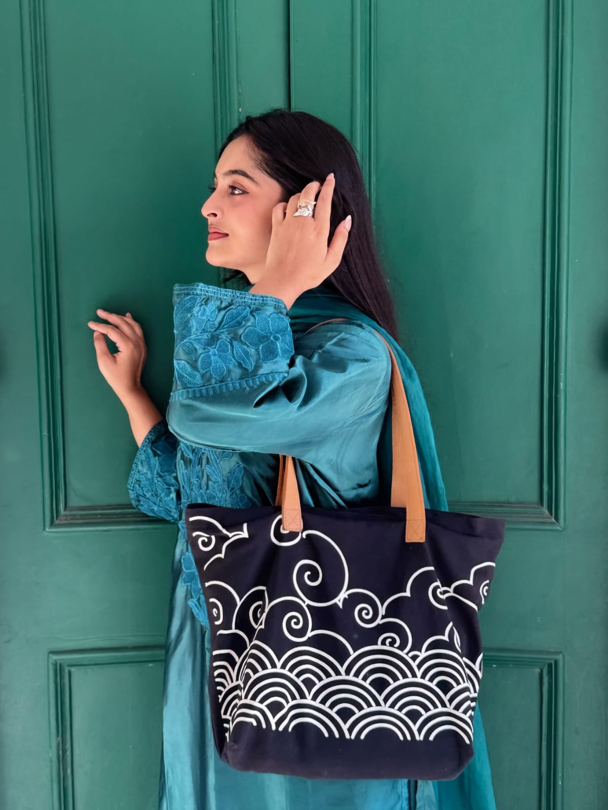 Kumo — Japanese Wave Print Tote Bag with Leather Handles