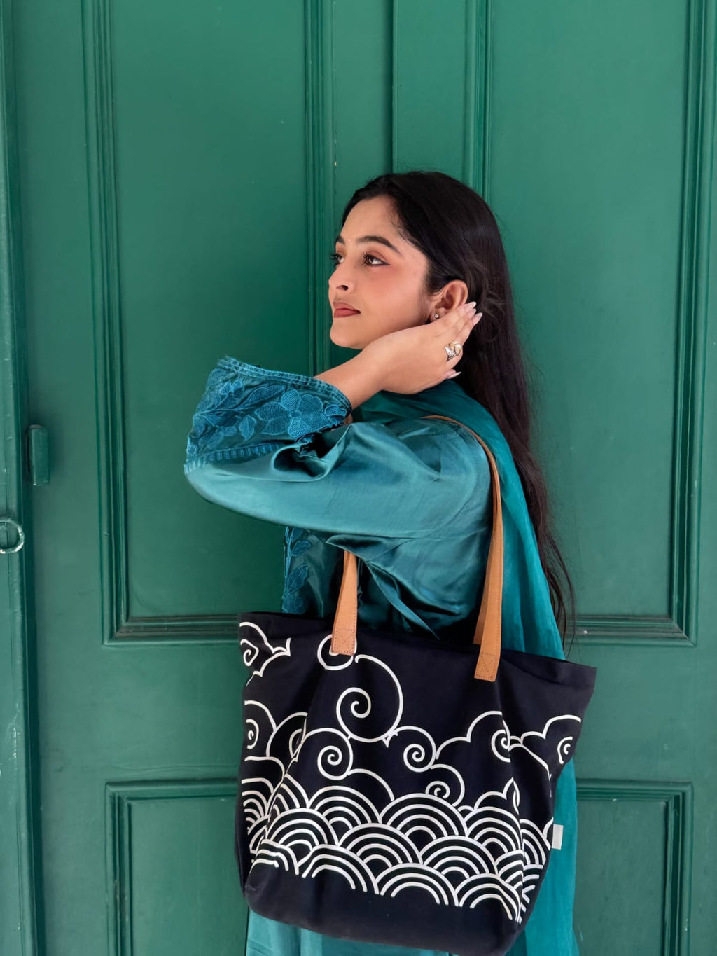 Kumo — Japanese Wave Print Tote Bag with Leather Handles