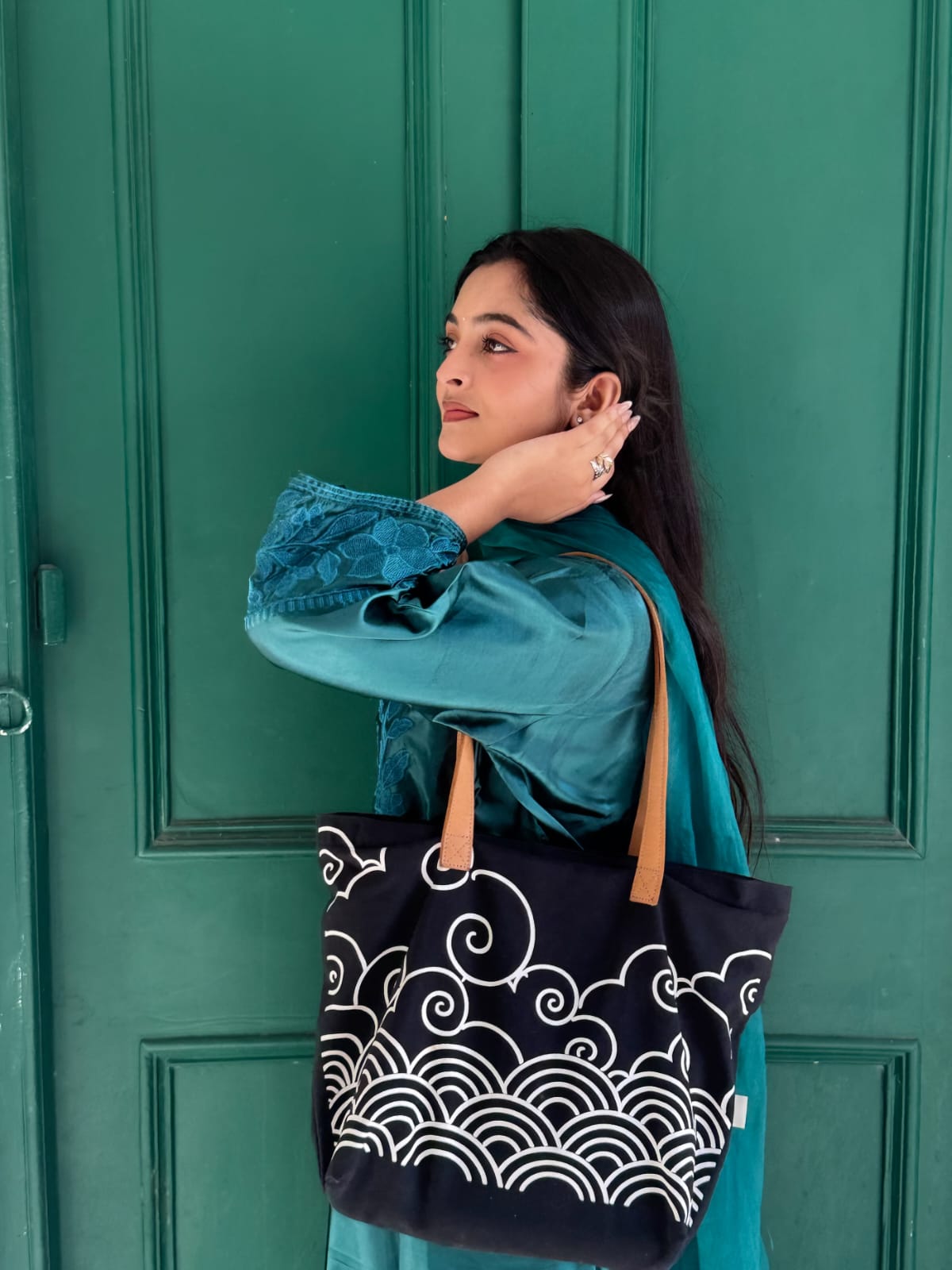 Kumo — Japanese Wave Print Tote Bag with Leather Handles