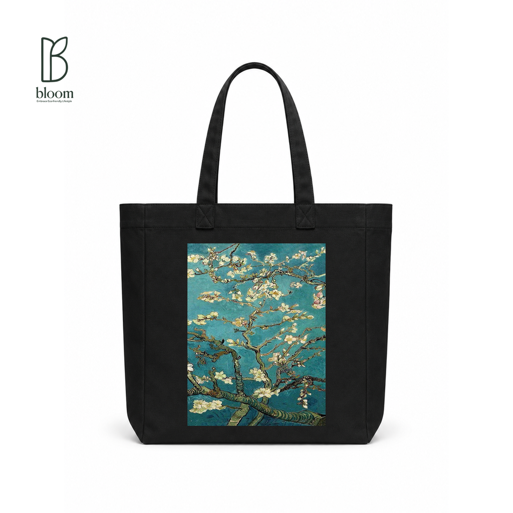 Almond Blossom canvas tote bag - Square Black | Bloom Bags BD