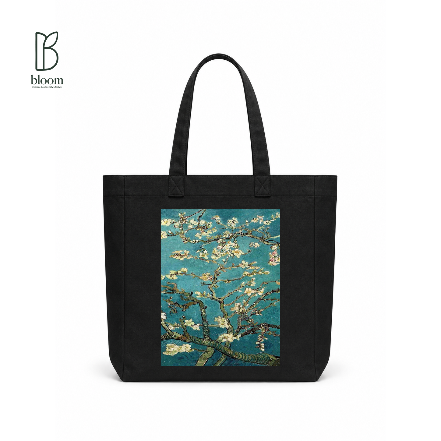 Almond Blossom canvas tote bag - Square Black | Bloom Bags BD