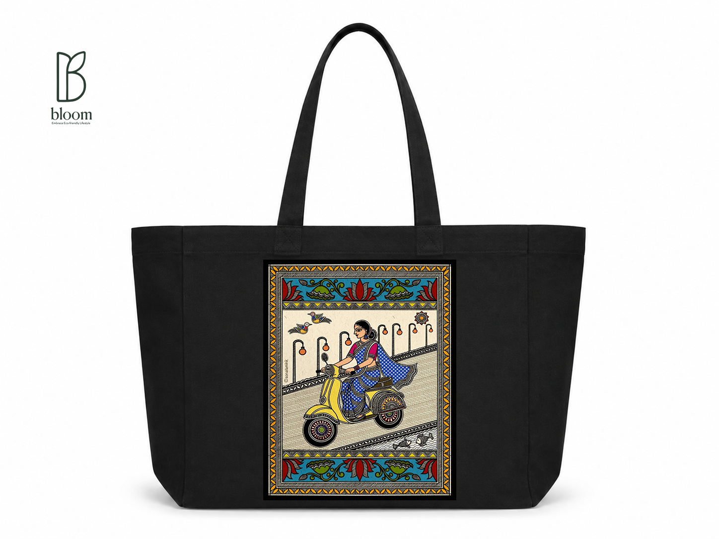 Basanti Madhubani folk art canvas tote bag - Extended Black | Bloom Bags BD