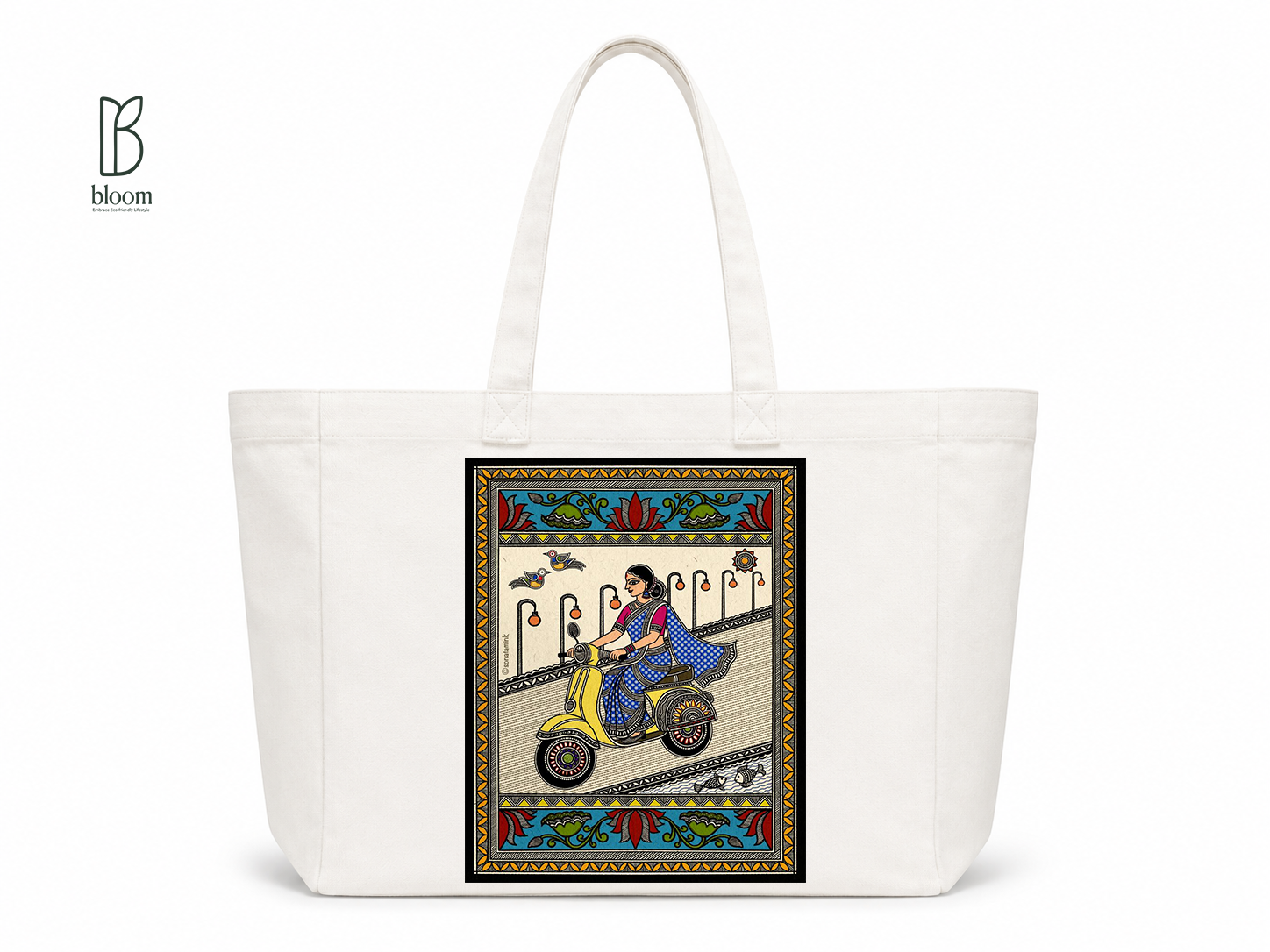 Basanti Madhubani folk art canvas tote bag - Extended White | Bloom Bags BD