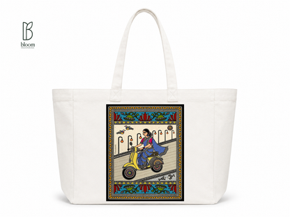 Basanti Madhubani folk art canvas tote bag - Extended White | Bloom Bags BD