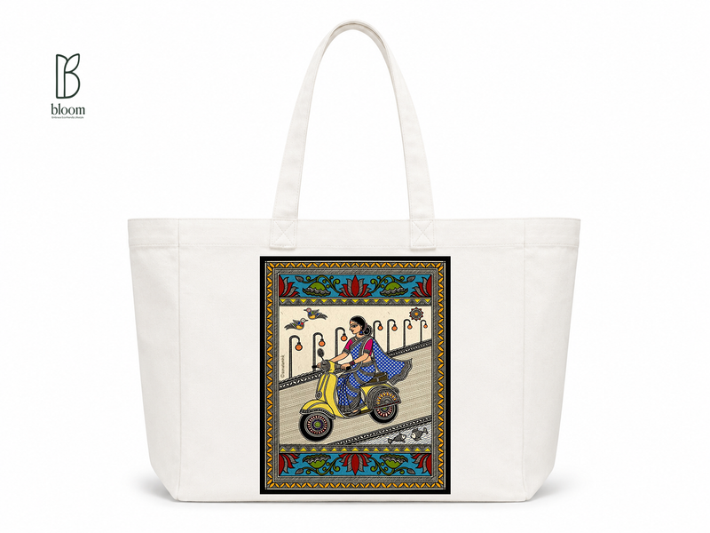Basanti Madhubani folk art canvas tote bag - Extended White | Bloom Bags BD