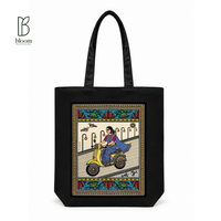Basanti Madhubani folk art canvas tote bag - Regular Black | Bloom Bags BD