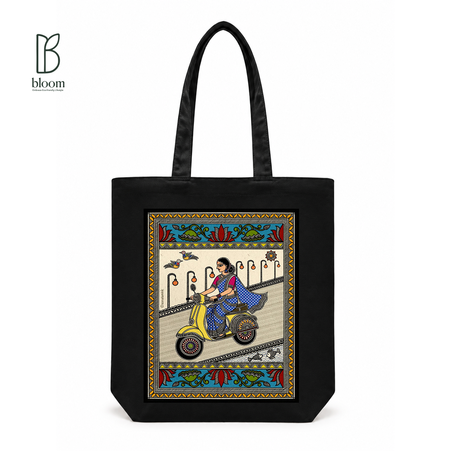 Basanti Madhubani folk art canvas tote bag - Regular Black | Bloom Bags BD
