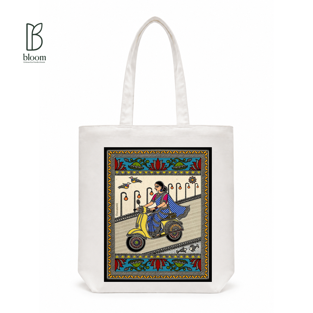 Basanti Madhubani folk art canvas tote bag - Regular White | Bloom Bags BD