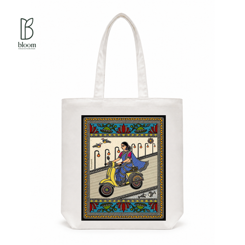 Basanti Madhubani folk art canvas tote bag - Regular White | Bloom Bags BD
