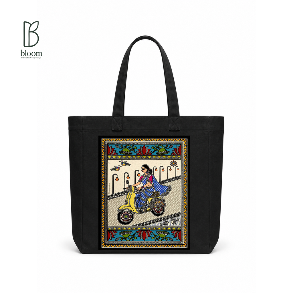 Basanti Madhubani folk art canvas tote bag - Square Black | Bloom Bags BD