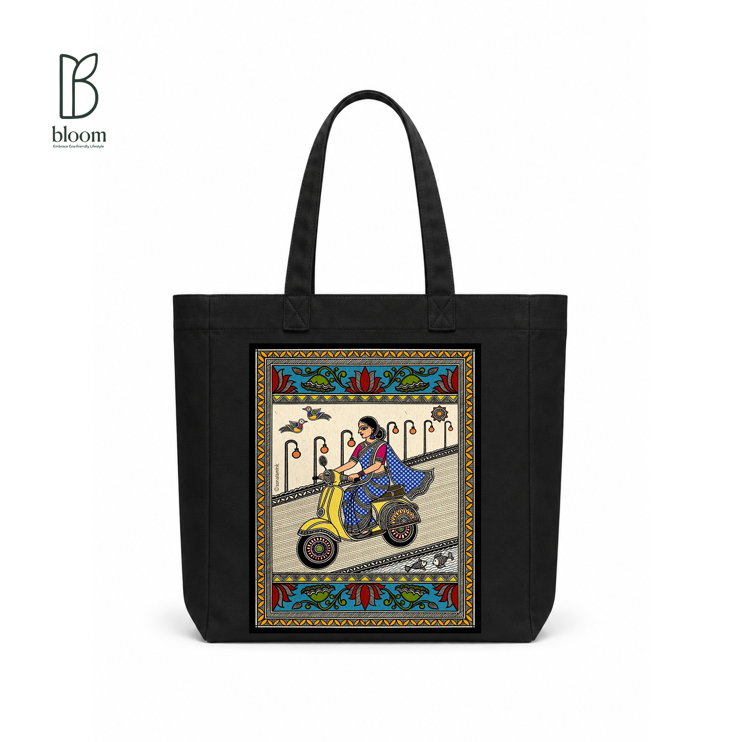 Basanti Madhubani folk art canvas tote bag - Square Black | Bloom Bags BD