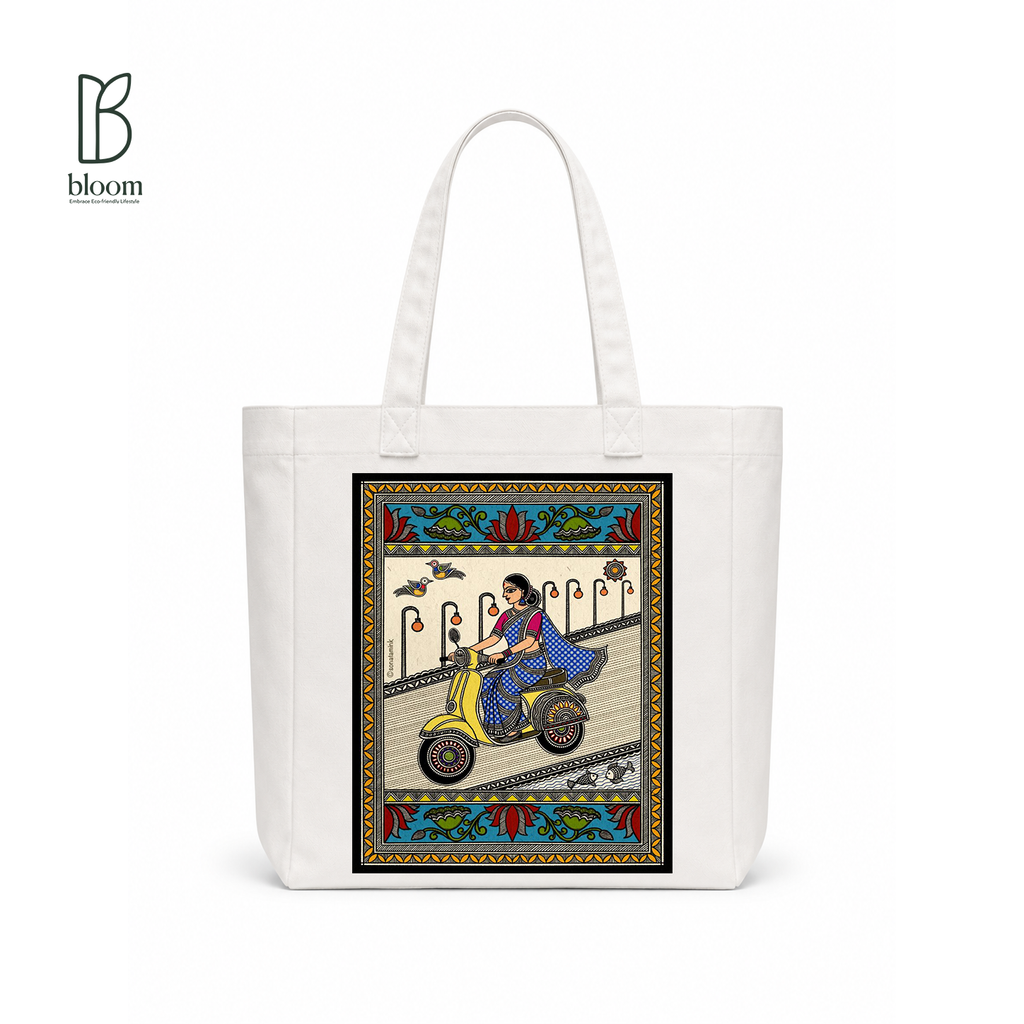 Basanti Madhubani folk art canvas tote bag - Square White | Bloom Bags BD
