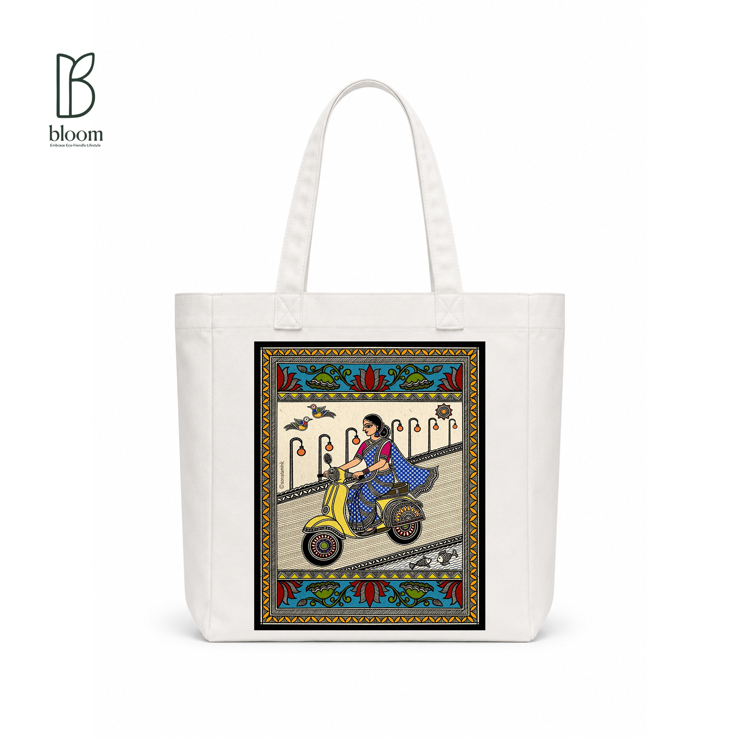 Basanti Madhubani folk art canvas tote bag - Square White | Bloom Bags BD