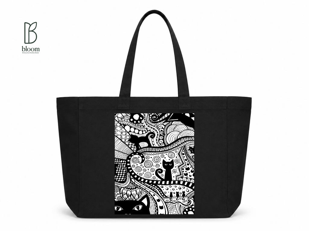 Black Cat Bloom canvas tote bag - Extended Black | Bloom Bags BD