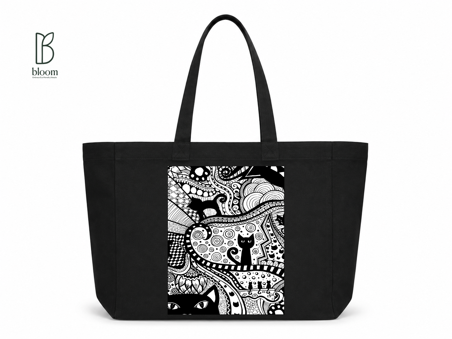 Black Cat Bloom canvas tote bag - Extended Black | Bloom Bags BD