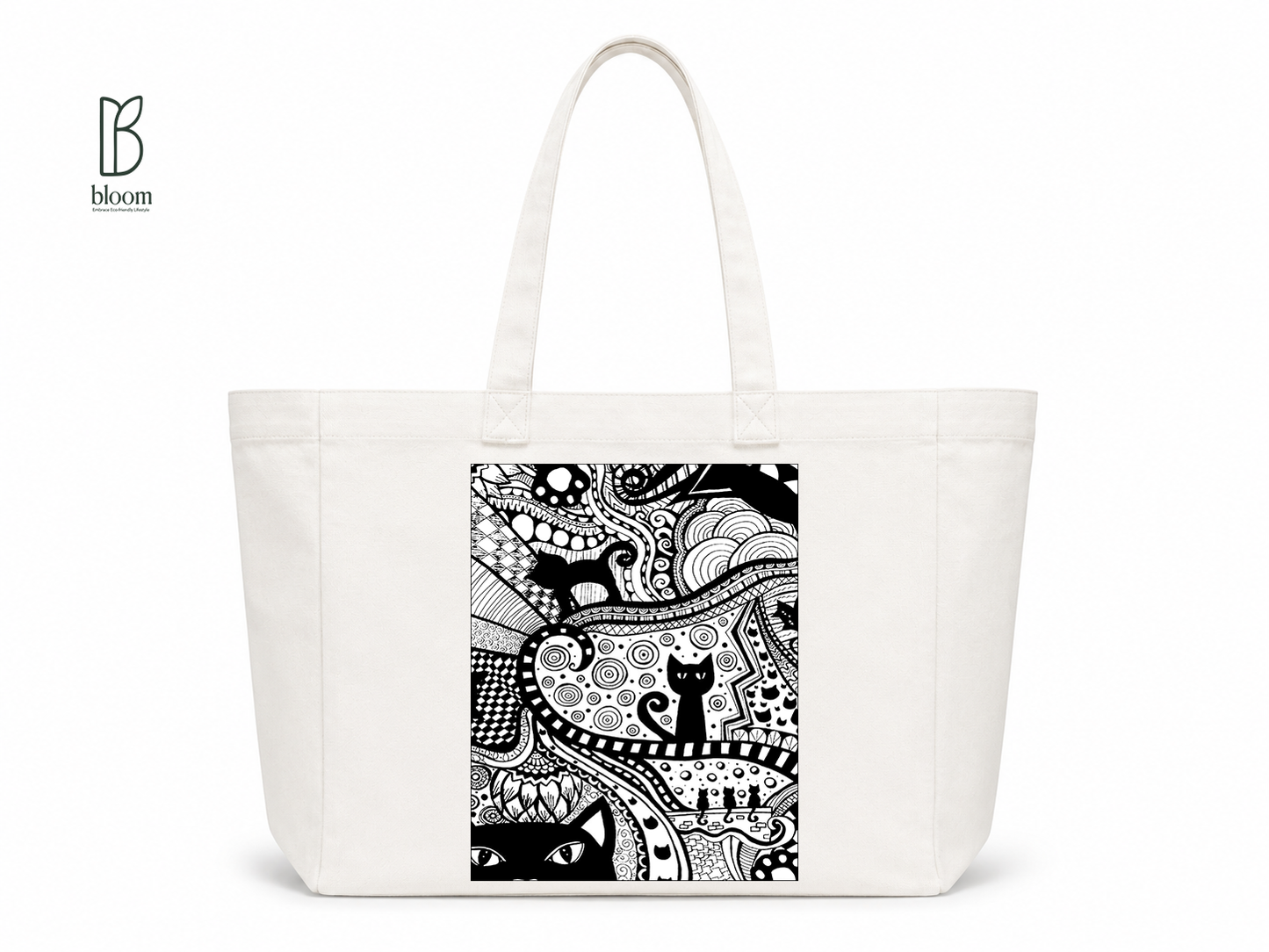 Black Cat Bloom canvas tote bag - Extended White | Bloom Bags BD
