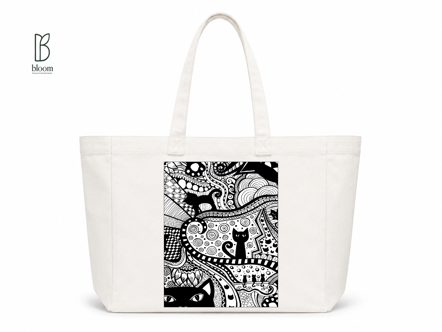 Black Cat Bloom canvas tote bag - Extended White | Bloom Bags BD