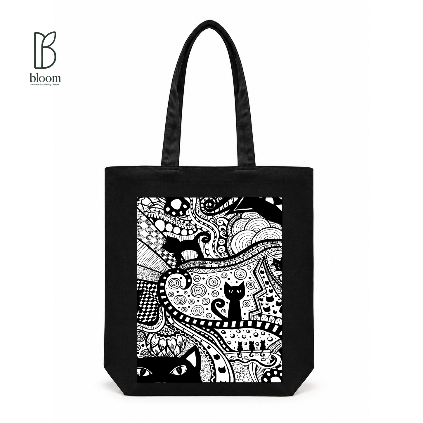 Black Cat Bloom canvas tote bag - Regular Black | Bloom Bags BD
