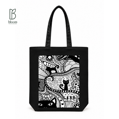 Black Cat Bloom canvas tote bag - Regular Black | Bloom Bags BD