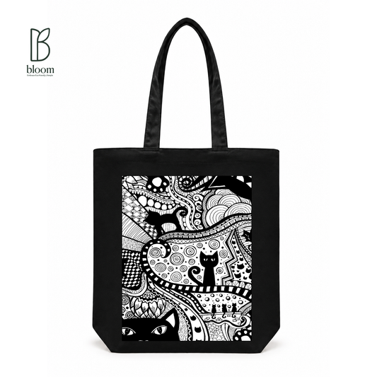 Black Cat Bloom canvas tote bag - Regular Black | Bloom Bags BD