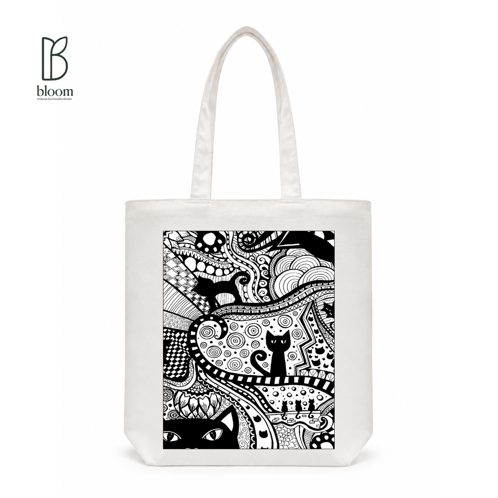 Black Cat Bloom canvas tote bag - Regular White | Bloom Bags BD