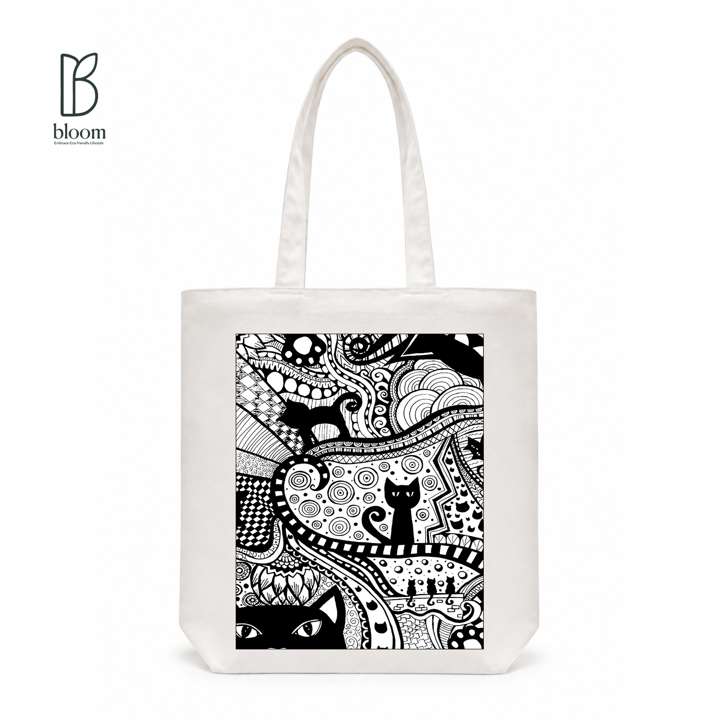 Black Cat Bloom canvas tote bag - Regular White | Bloom Bags BD