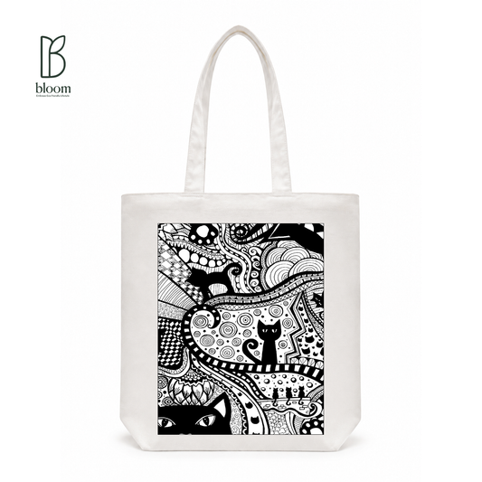 Black Cat Bloom canvas tote bag - Regular White | Bloom Bags BD