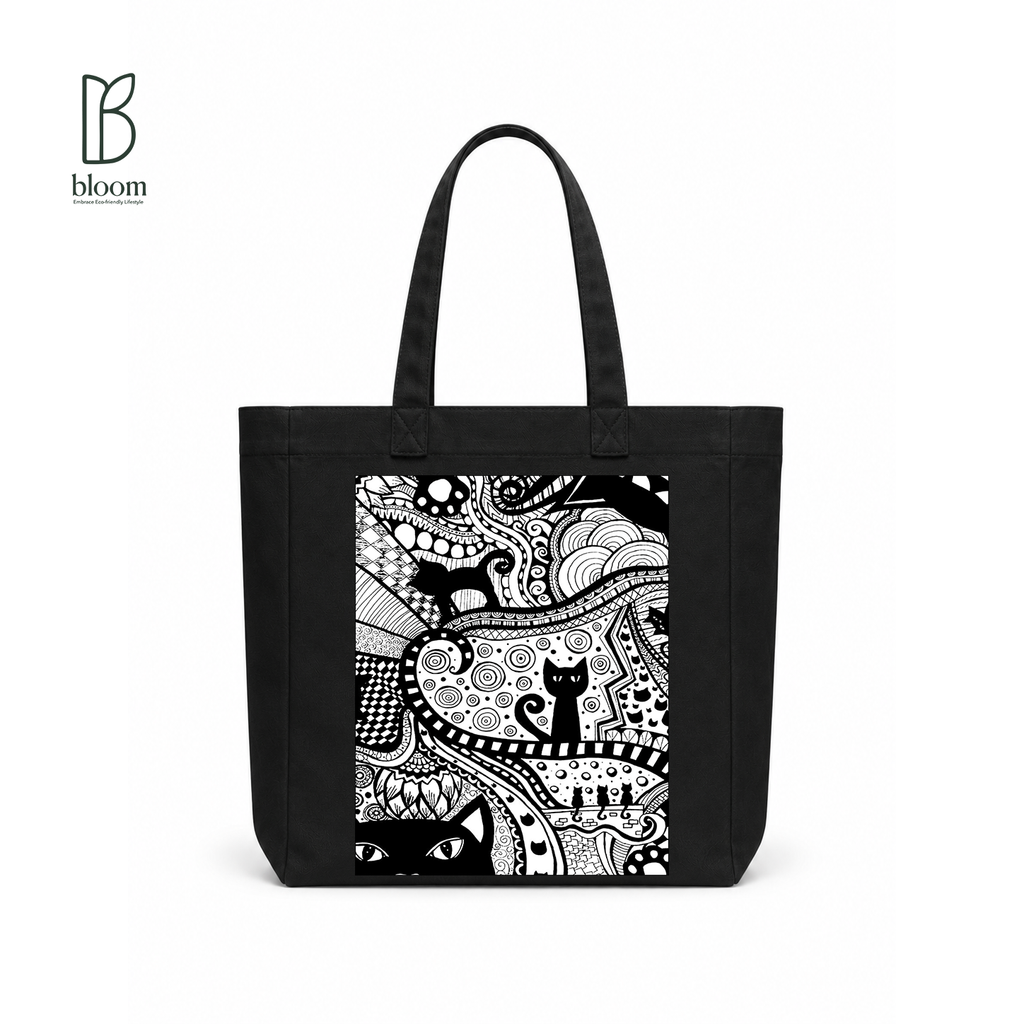 Black Cat Bloom canvas tote bag - Square Black | Bloom Bags BD