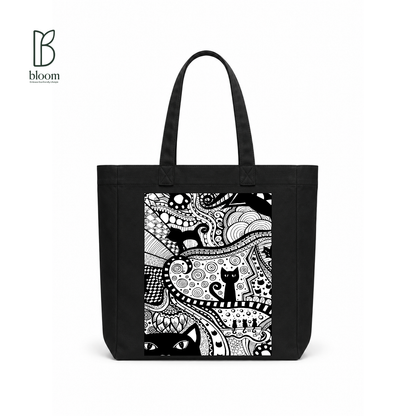 Black Cat Bloom canvas tote bag - Square Black | Bloom Bags BD