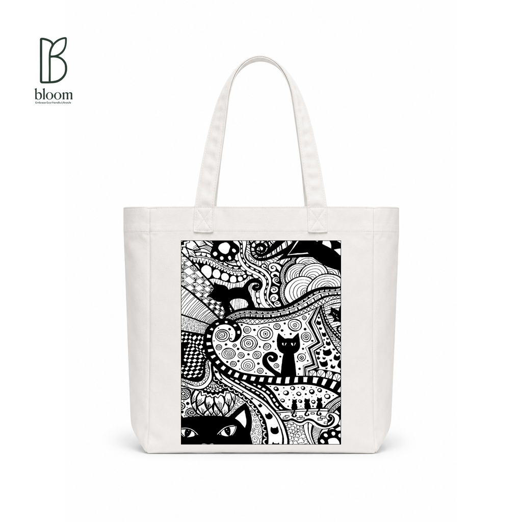 Black Cat Bloom canvas tote bag - Square White | Bloom Bags BD