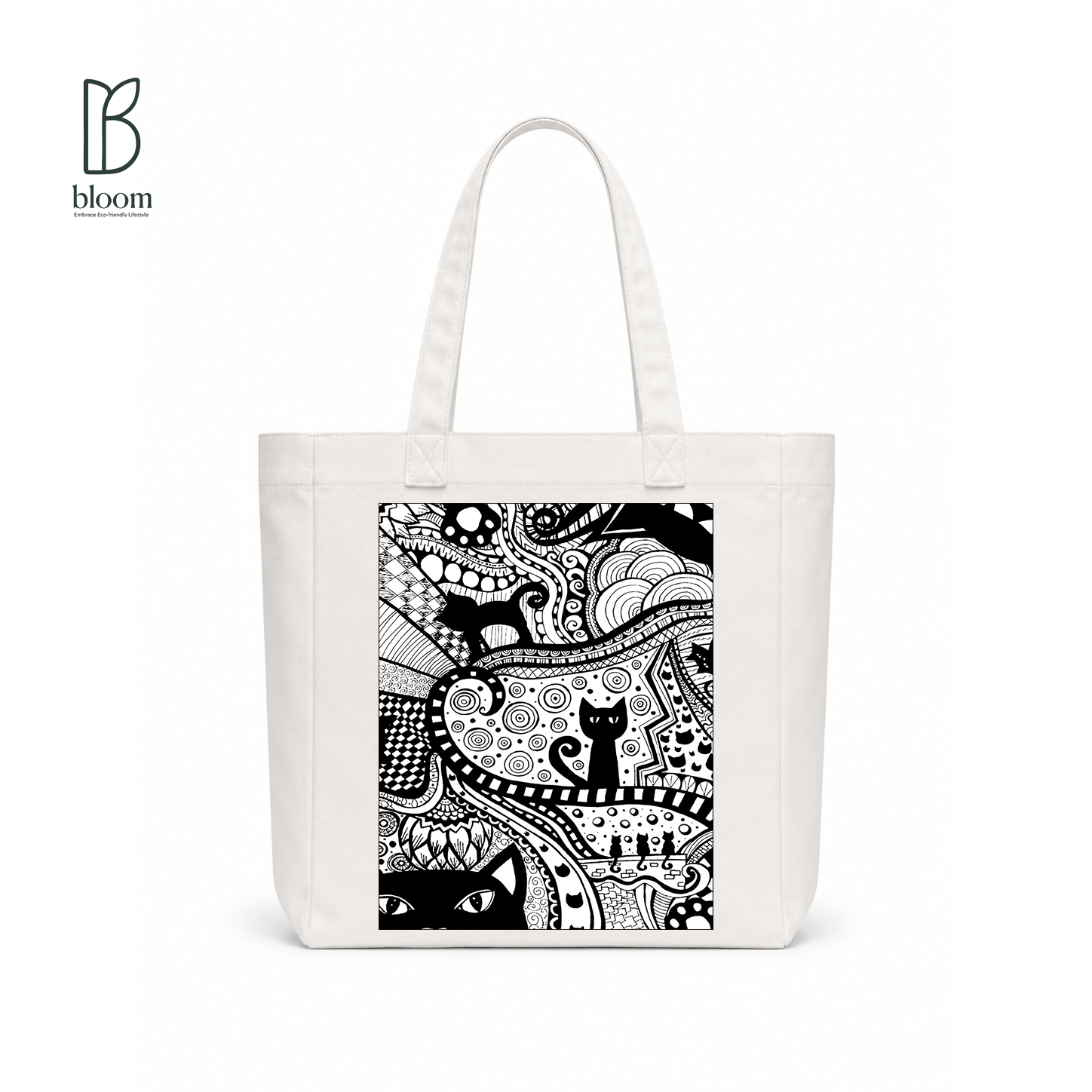 Black Cat Bloom canvas tote bag - Square White | Bloom Bags BD