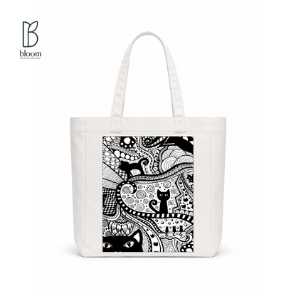 Black Cat Bloom canvas tote bag - Square White | Bloom Bags BD