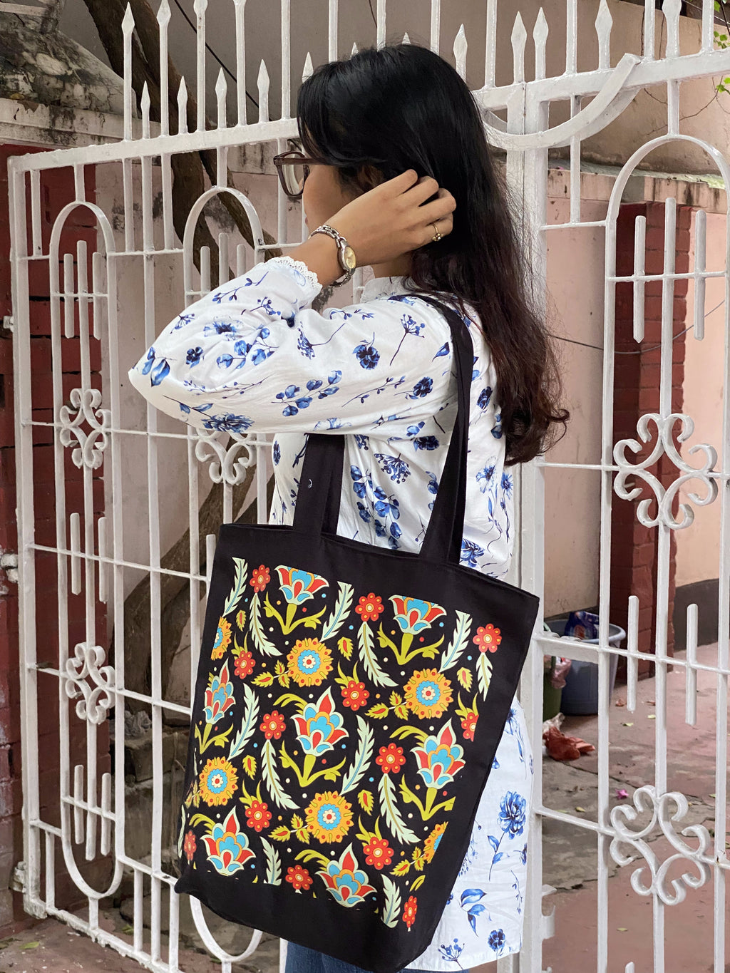 Embroidered Flower Garden canvas tote bag - styled photo | Bloom Bags BD
