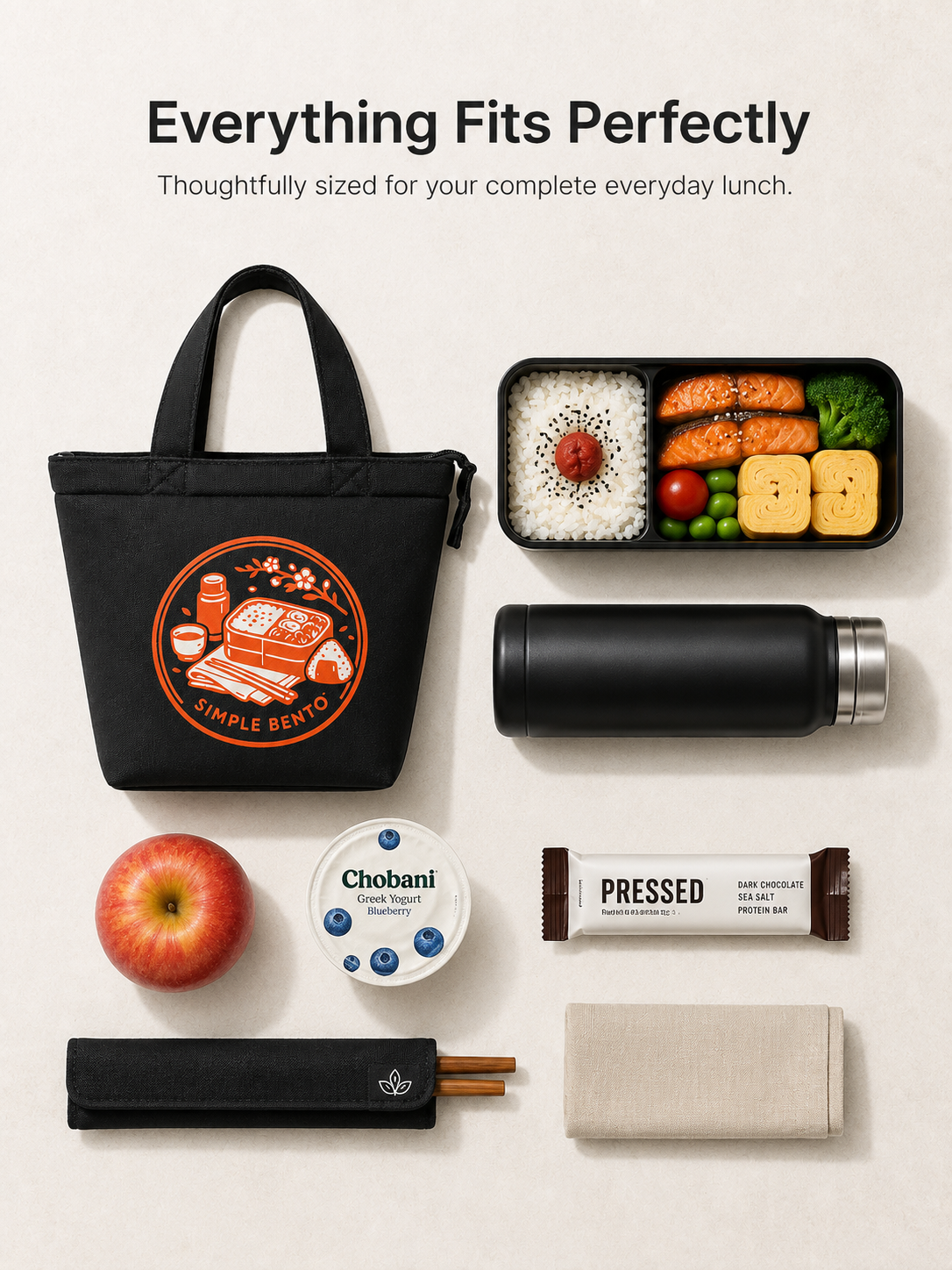 Everyday lunch essentials that fit inside the Bloom Bento tote flat lay