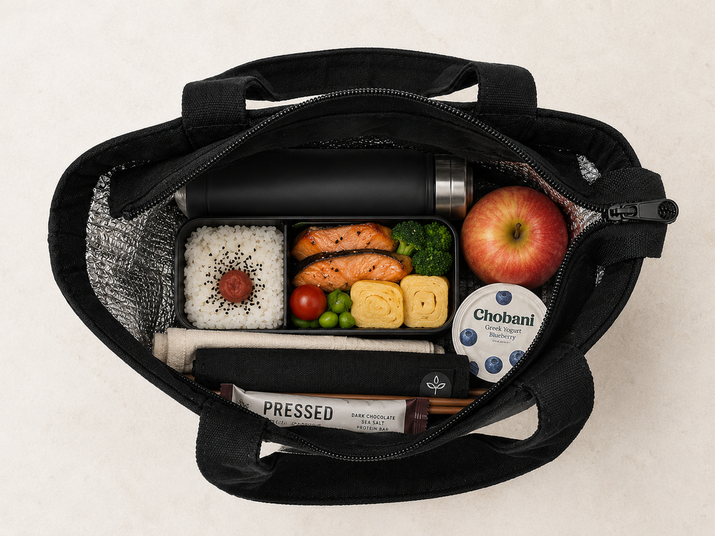 Bloom Bento lunch tote interior packed with lunch items