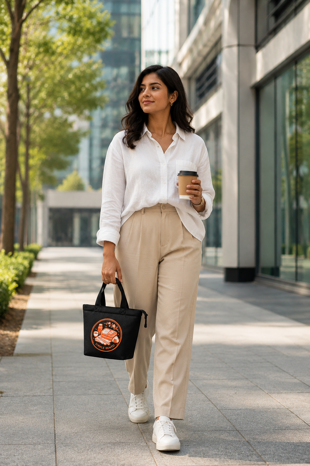 Woman carrying the Bloom Bento mini lunch tote street style