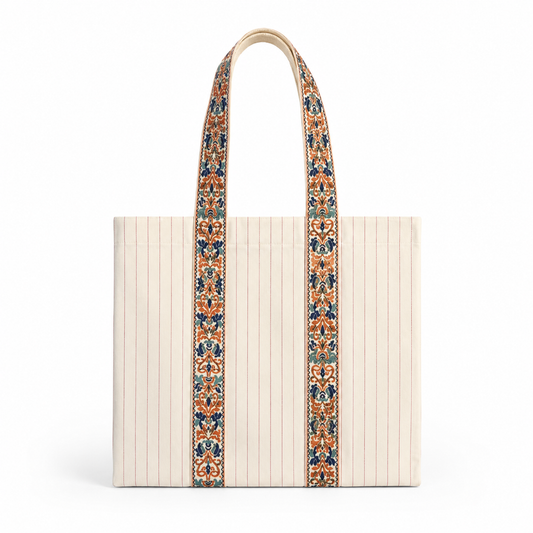 Darbar limited edition tote bag in cream pinstripe canvas - front view