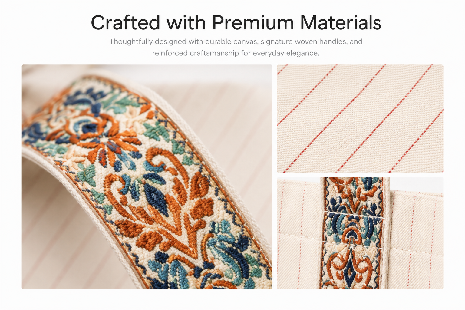 Close up of Darbar tote bag hand-embroidered jacquard handle detail