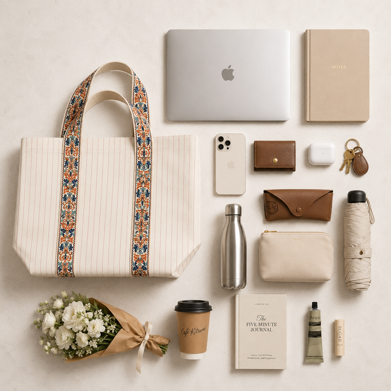 Everyday essentials that fit inside the Darbar tote bag flat lay