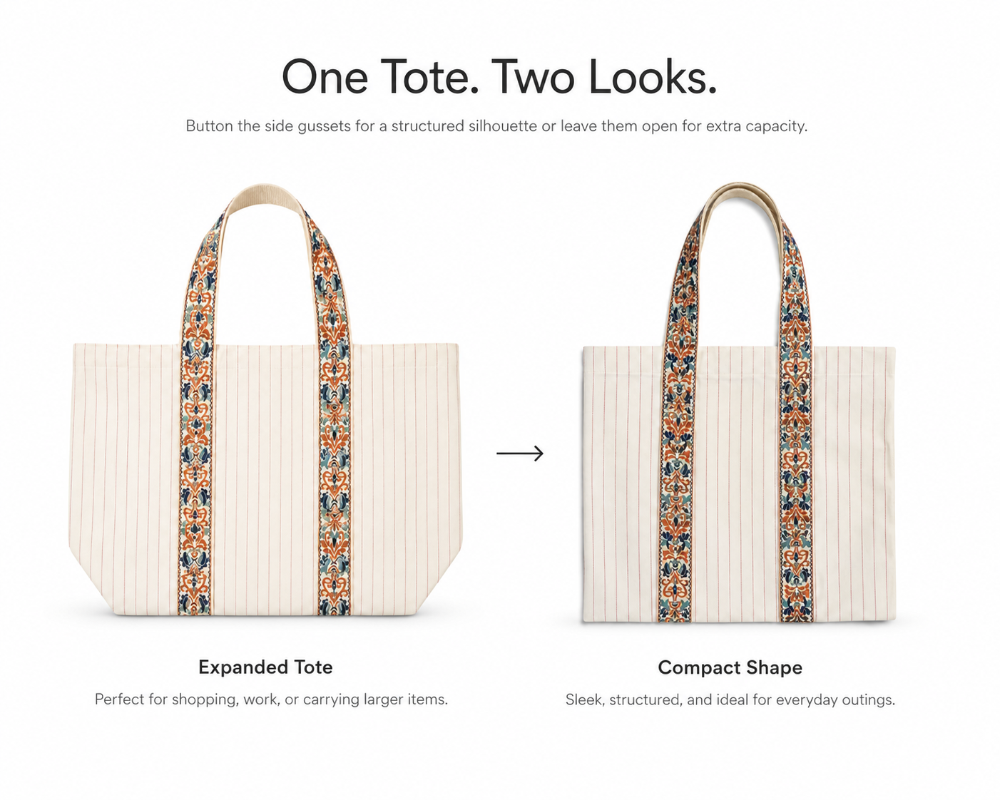 Darbar tote bag shown compact and expanded with side gusset buttons