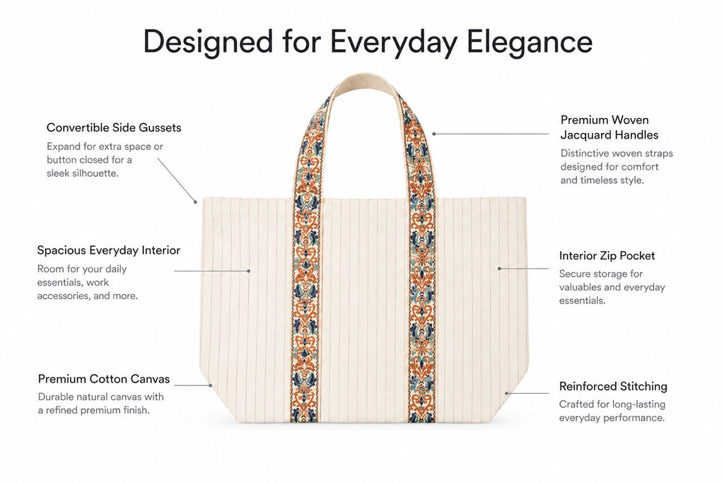 Darbar tote bag features - embroidered handles, expandable gusset, pinstripe twill canvas