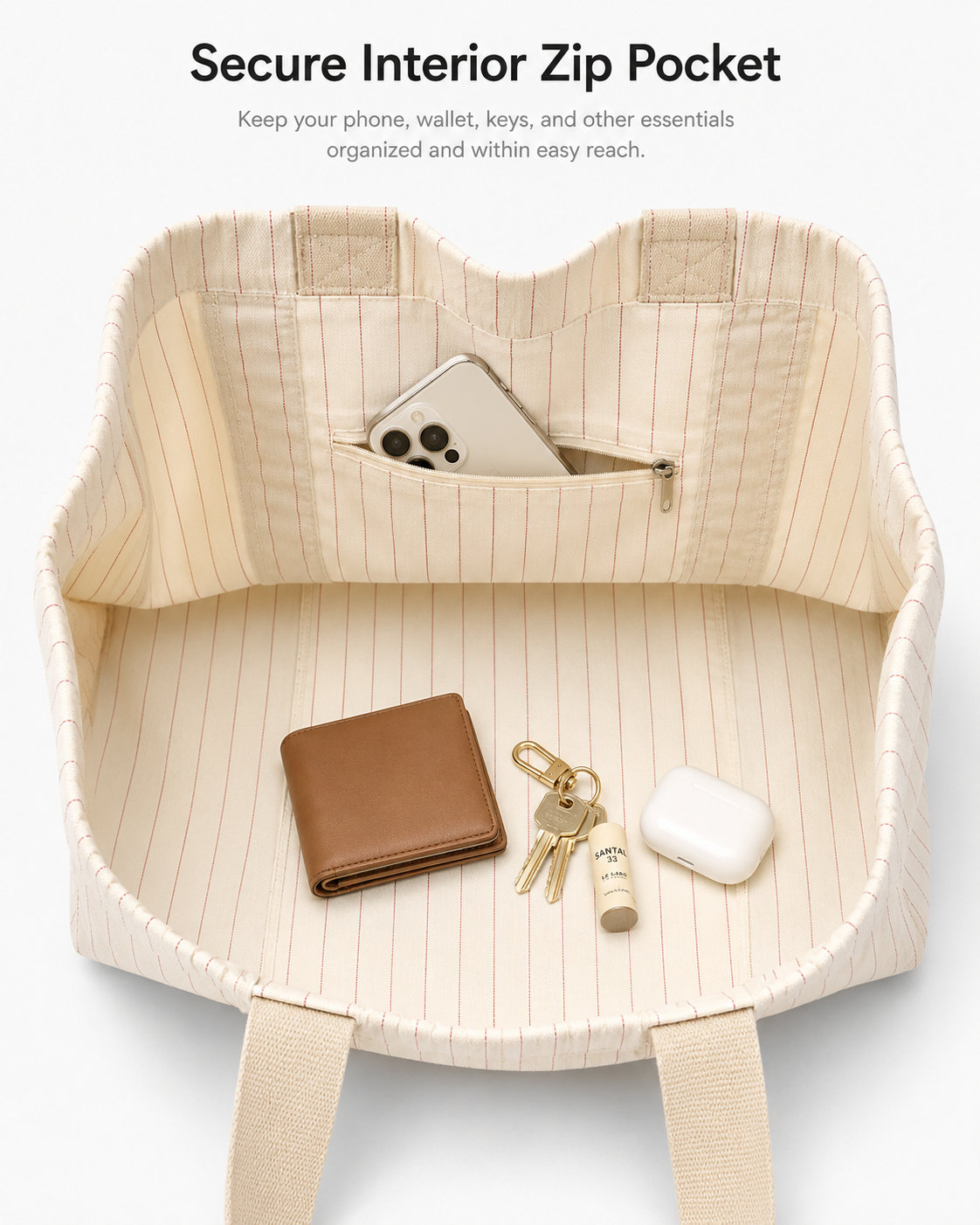 Darbar tote bag interior zippered security pocket detail