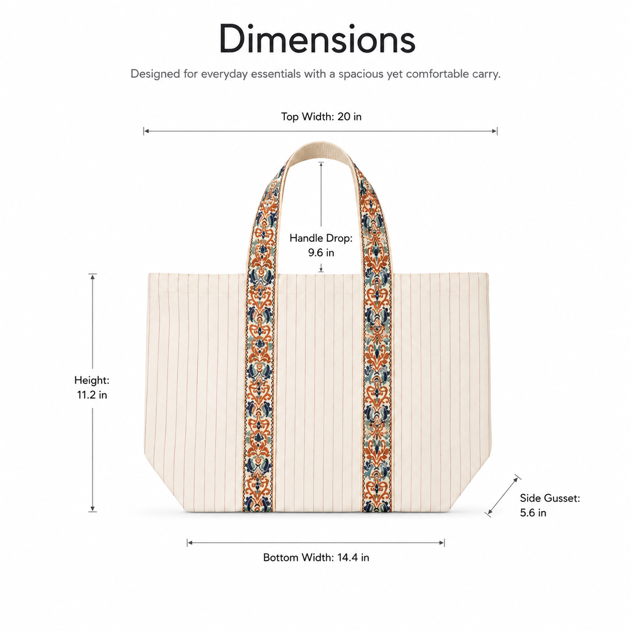 Darbar tote bag size chart and dimensions
