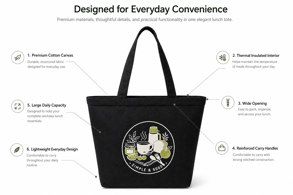 Bloom Picnic lunch tote convenience features infographic
