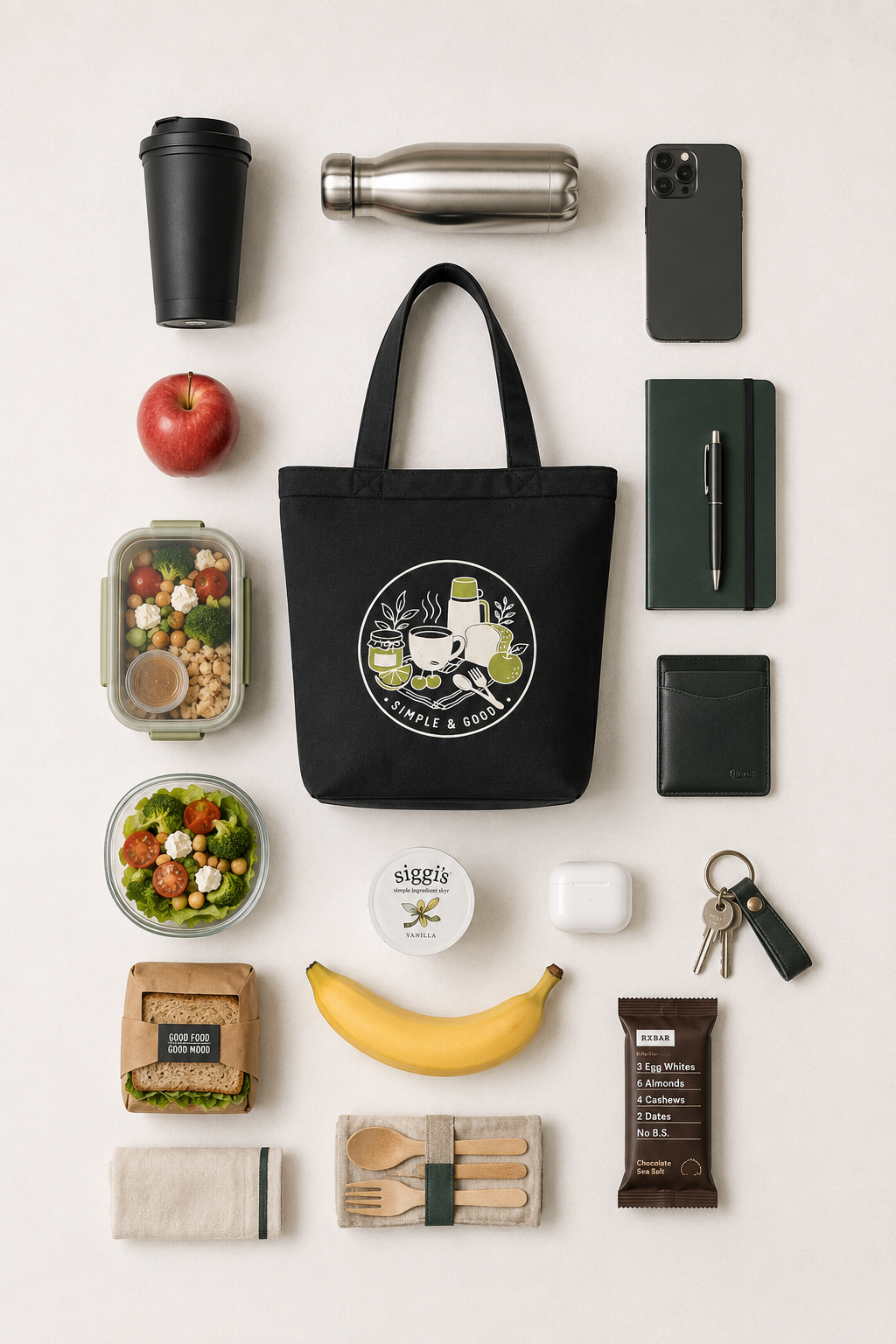 Everyday lunch essentials that fit inside the Bloom Picnic tote flat lay