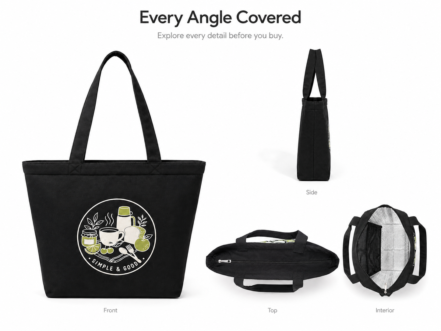Bloom Picnic lunch tote shown from every angle
