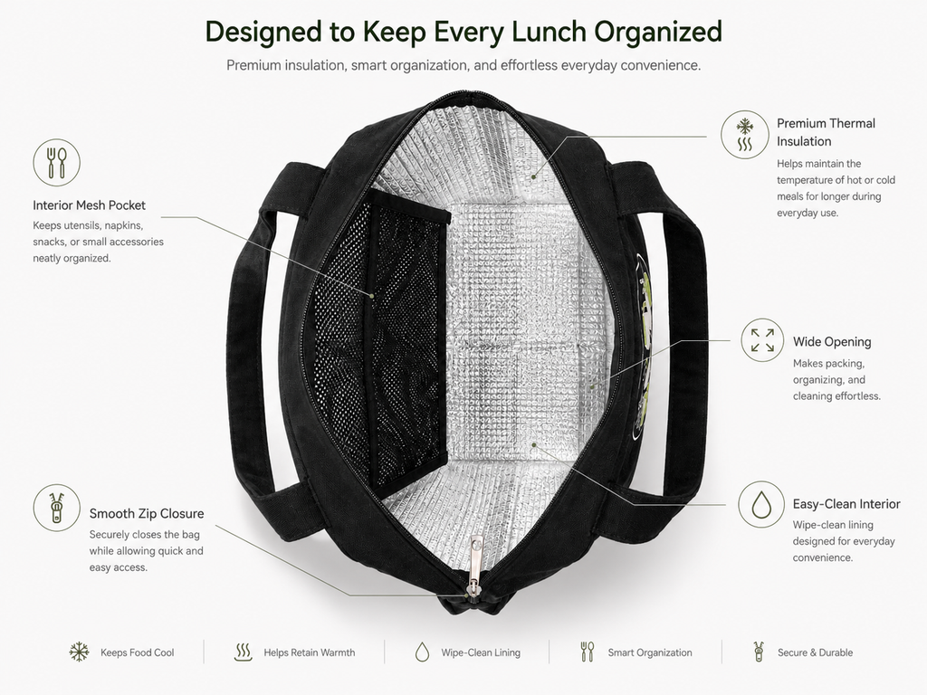 Bloom Picnic lunch tote features - thermal insulation, wide zip, reinforced handles